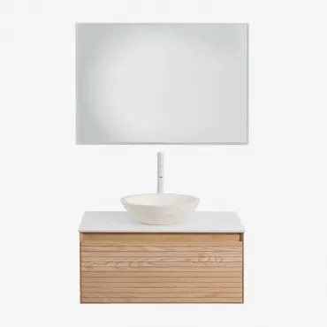 Conjunto De Móvel De Casa De Banho Suspenso 80x50 Cm Em Madeira De Freixo Tedrik Castanho Fresno & Cimento Redondo Branco Ø40 Cm Zavion - Sklum