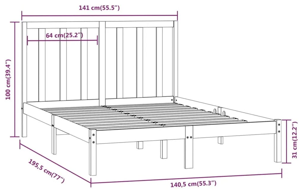 Estrutura de cama casal 135x190 cm pinho maciço cinza