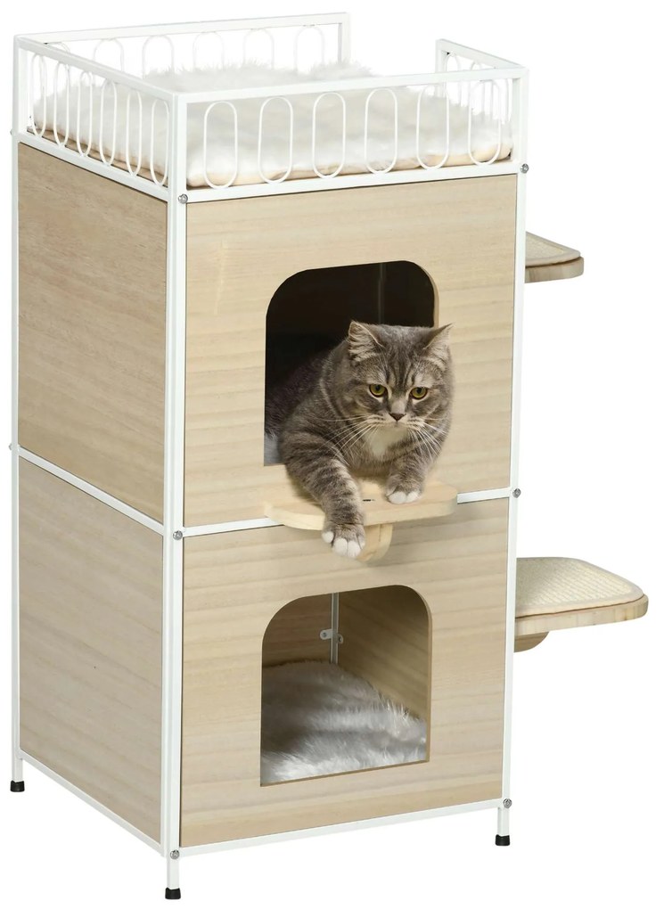 PawHut Casa Gatos 3 Níveis Arranhadores Almofadas Laváveis Cama Superior Conforto Entretenimento 40x40x84 cm Madeira