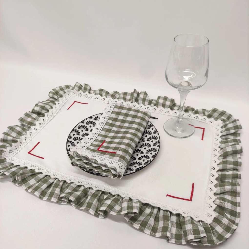 Individual, Guardanapo e Caminho de Mesa Verde Charme Linho JOL