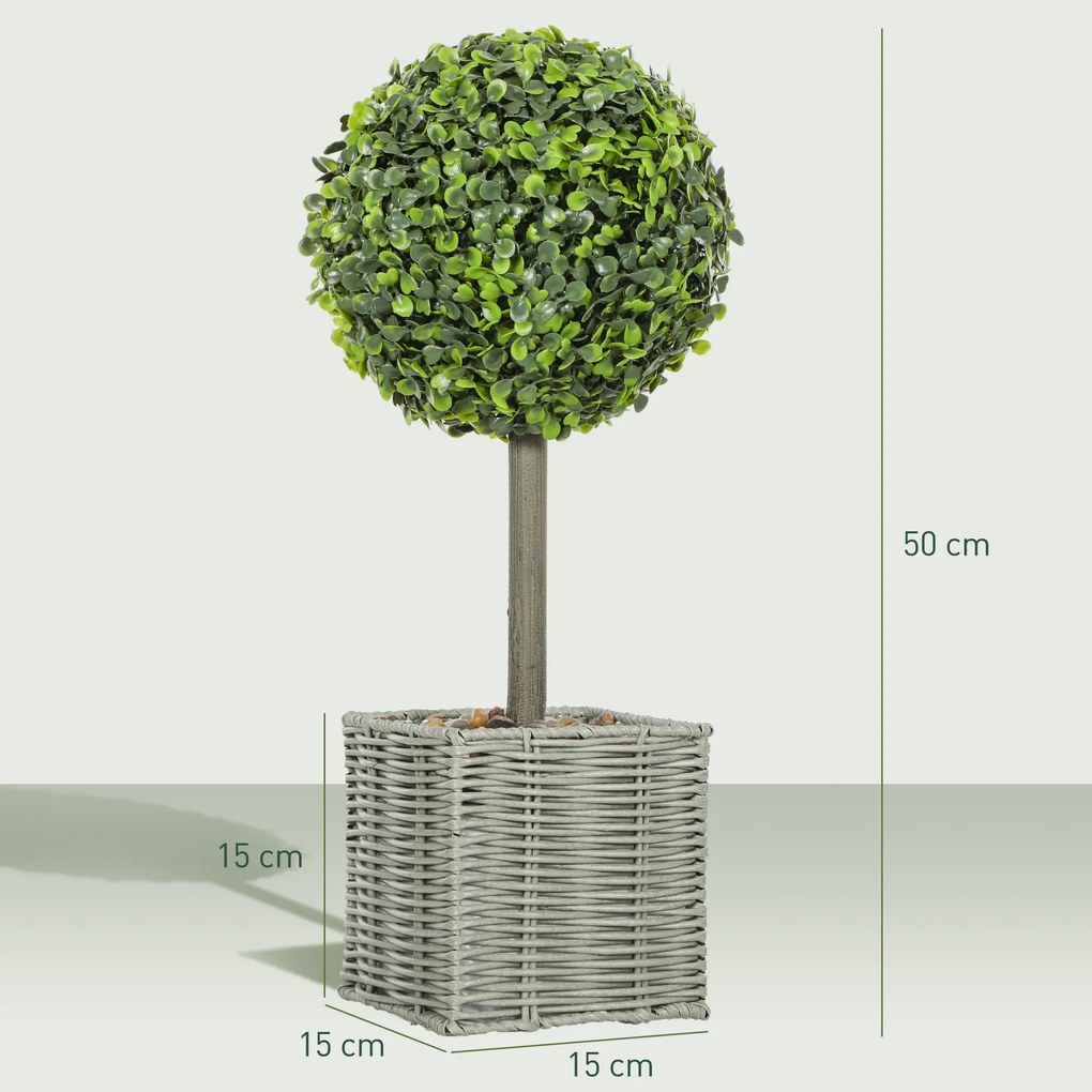 Conjunto de 2 plantas artificiais decorativas, bolas de buxo artificial de 50 cm com vaso de plástico trançado e seixos, verde
