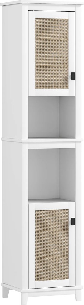 HOMCOM Armário Casa de Banho com Prateleira Ajustável 2 Portas em Vime e 2 Compartimentos Estilo Boho 40x30x167,5 cm Branco | Aosom Portugal