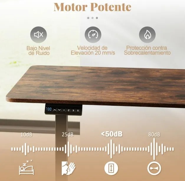 Secretária elétrica ergonómica 120 x 60 x 73-118 cm com 3 ajustes de memória e proteção anticolisão de altura ajustável Castanho