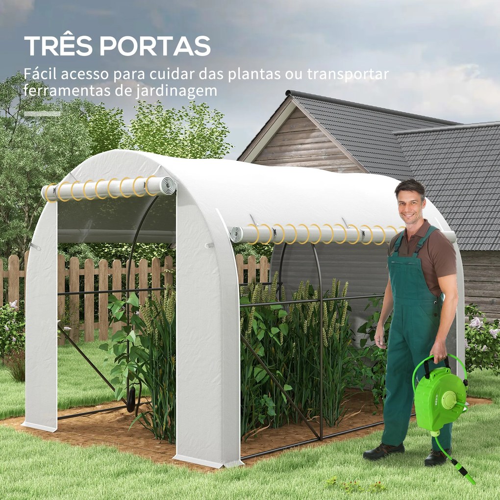 Estufa Tipo Túnel 3x2x2 m Estufa de Jardim com 3 Portas e 6 Janelas Enroláveis Teto Curvo para Cultivo Branco