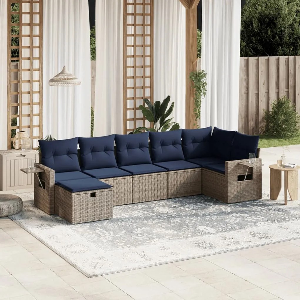 vidaXL 7 pcs conjunto sofás p/ jardim c/ almofadões vime PE cinzento