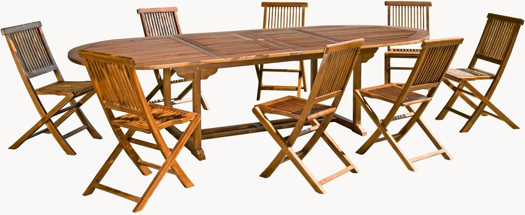 Conjunto de jantar para jardim em madeira de teca com orifício para guarda-sol Maeva, conjunto de 9