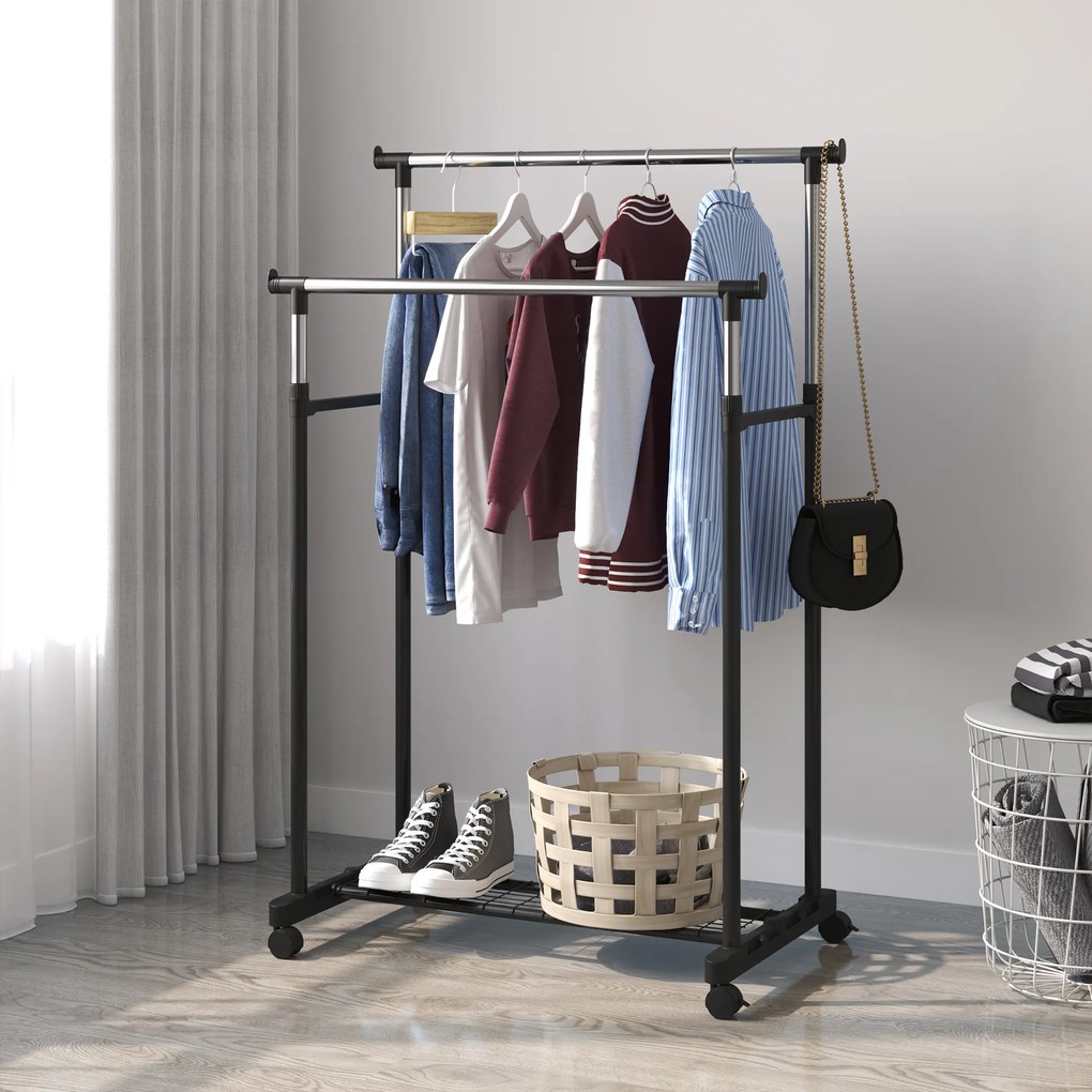 HOMCOM Charriot com Altura Ajustável Cabide com 4 Rodas para Roupa Aço Inoxidável 80x43x85-155cm Preto