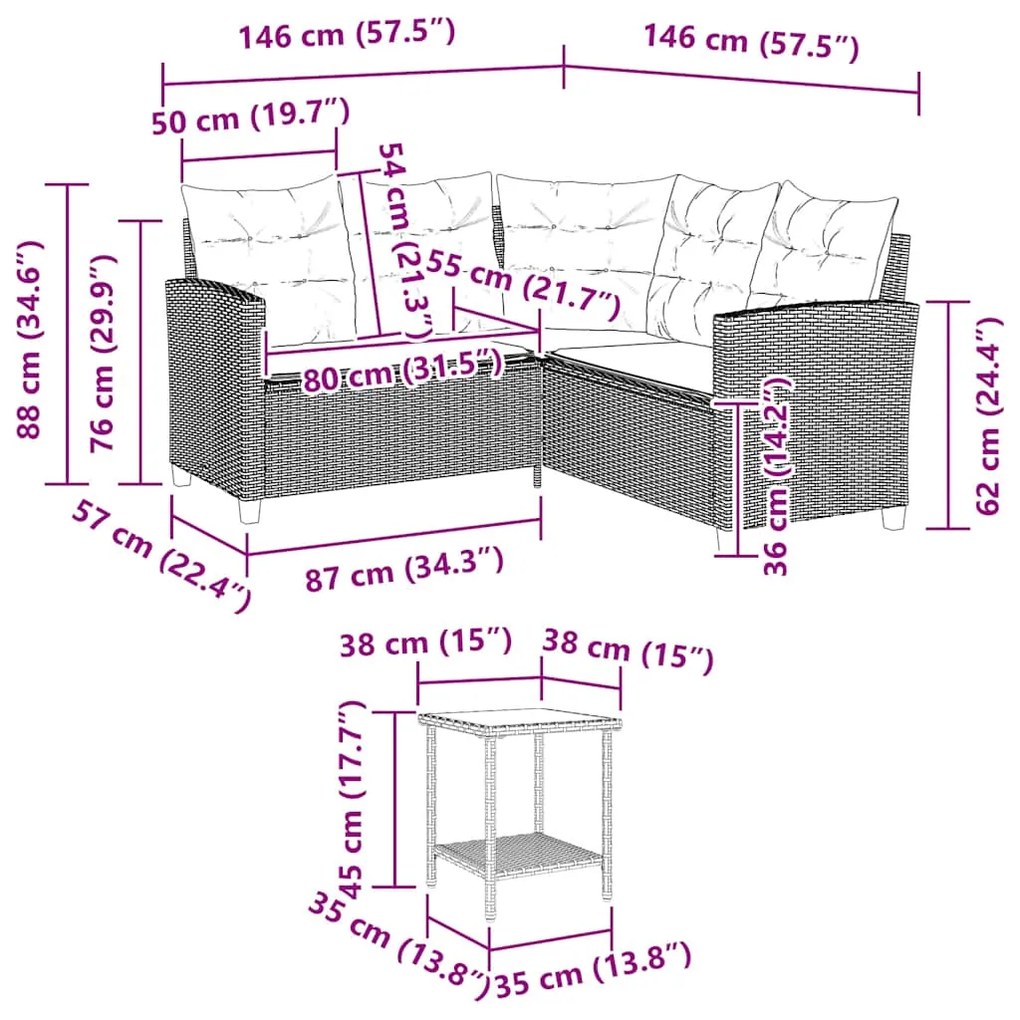 Sofá de jardim forma de L c/ mesa e almofadões vime PE cinzento