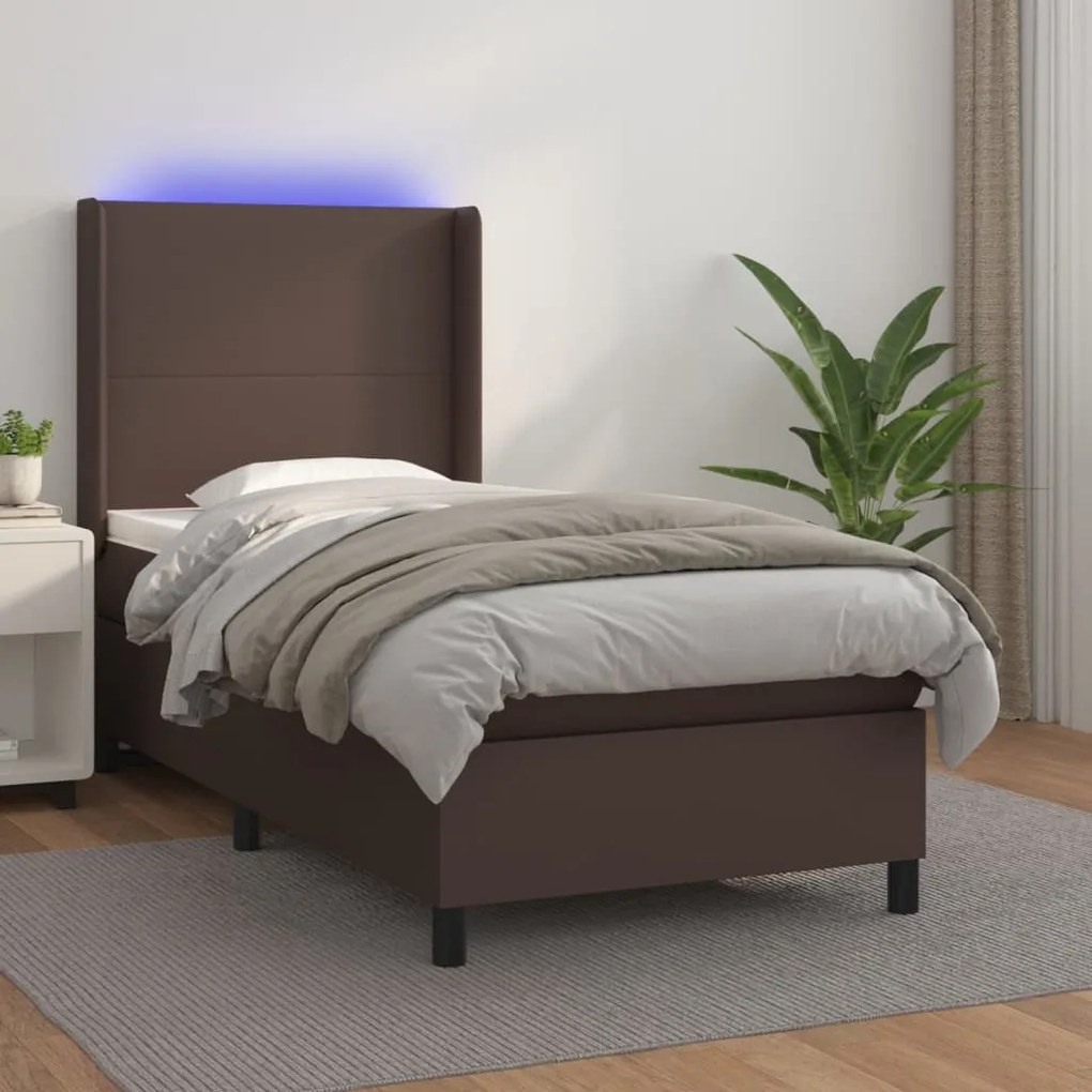 Cama box spring c/ colchão/LED 100x200 cm couro artif. castanho