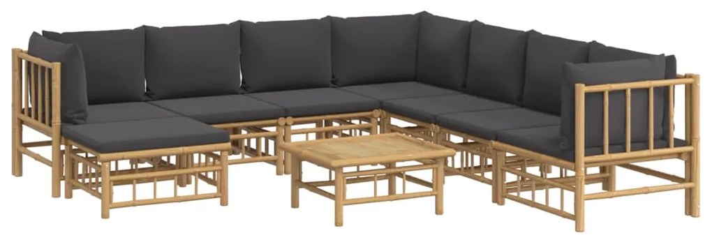 9pcs conj. lounge de jardim bambu c/ almofadões cinzento-escuro