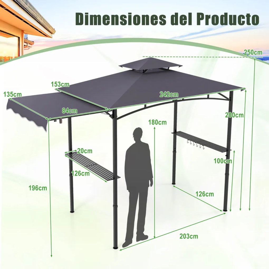 Tenda para Churrasco (Não Incluido) com grelha de 318 x 153 cm Toldo lateral Parte superior de 2 níveis 2 prateleiras laterais Estrutura em metal Cinz