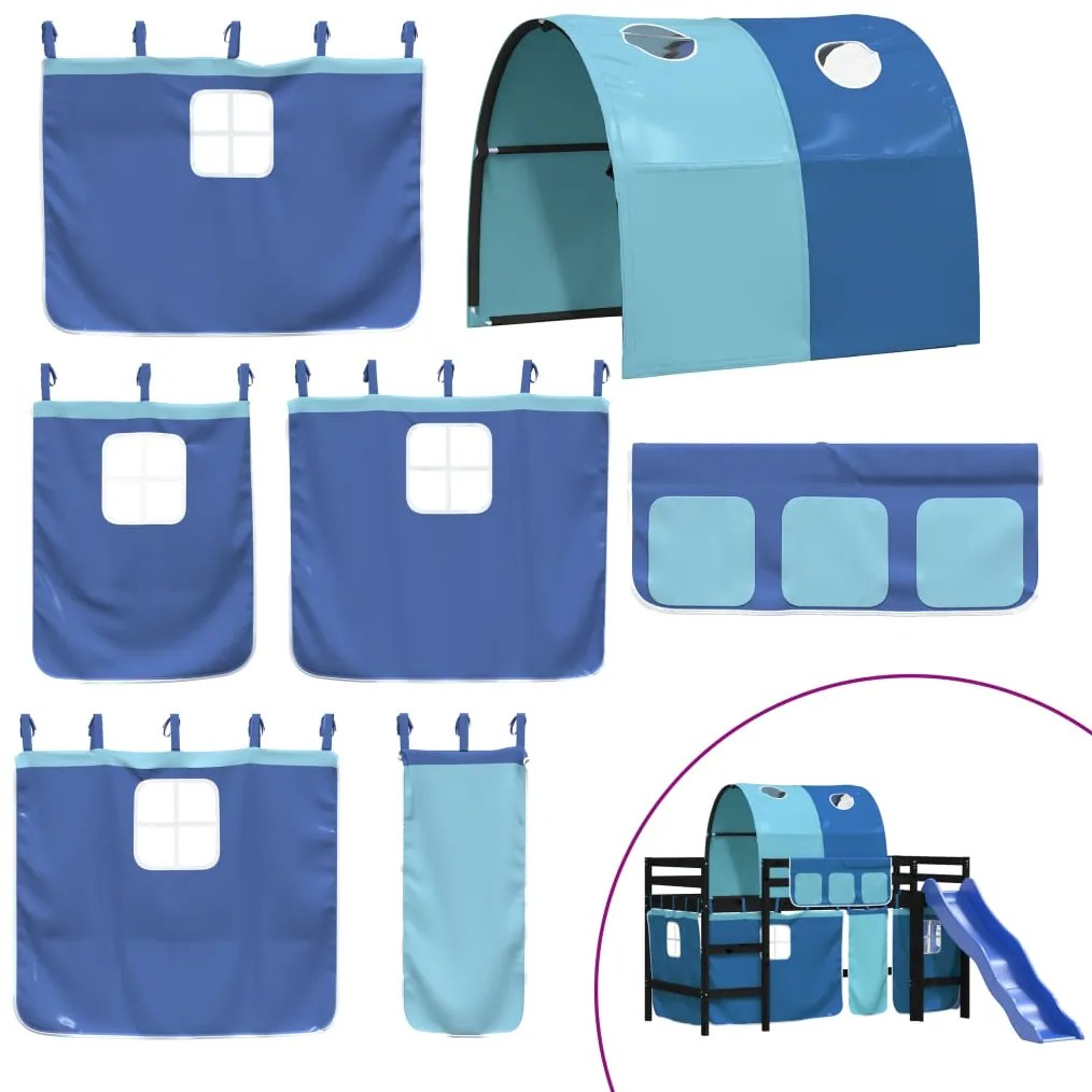 Cama alta para criança com túnel 90x190 cm pinho maciço azul