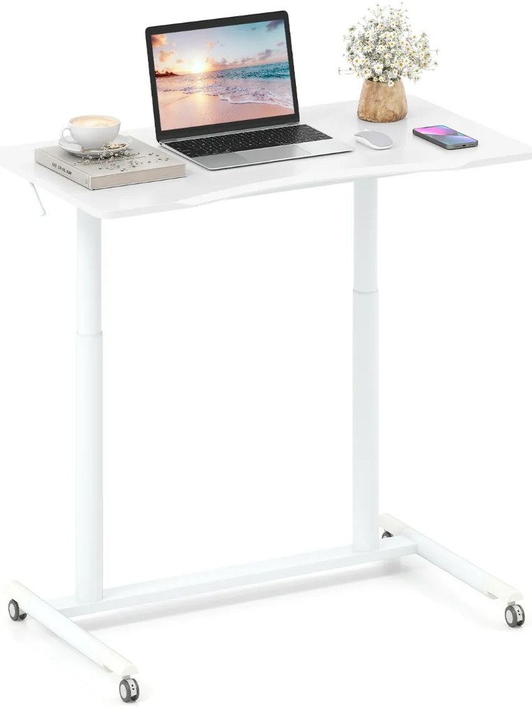 Secretária com altura ajustável em C 95 x 52 x 70-106 cm com rodas bloqueáveis e estrutura metálica para escritório Branca