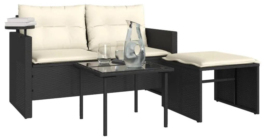 3 pcs conjunto sofás de jardim com almofadões vime PE preto