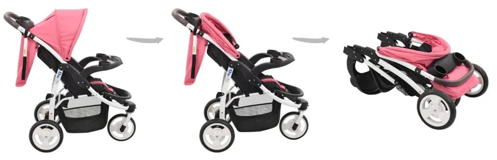 Carrinho de bebé com três rodas rosa e preto