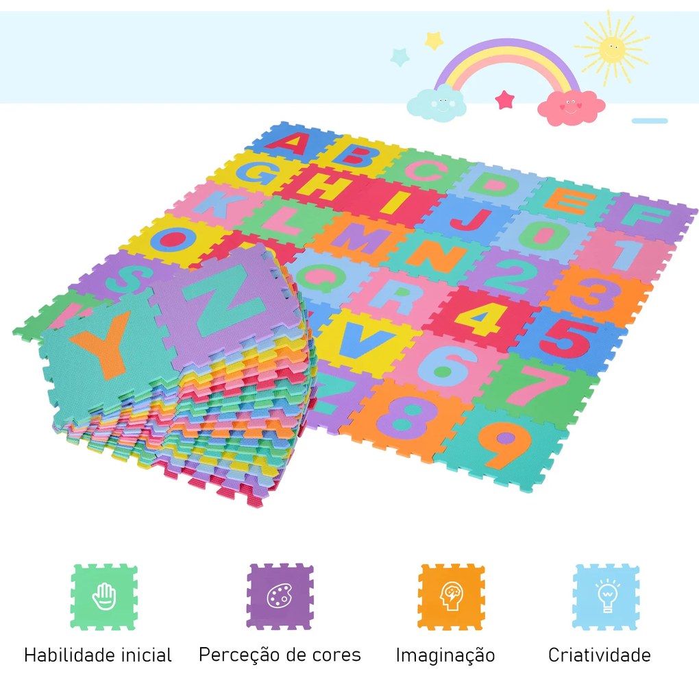 HOMCOM Tapete puzzle infantil 36 peças de 31x31cm Números de 0 a 9 e 26 letras do alfabeto Tapete de borracha de espuma para bebês e crianças 3,24㎡