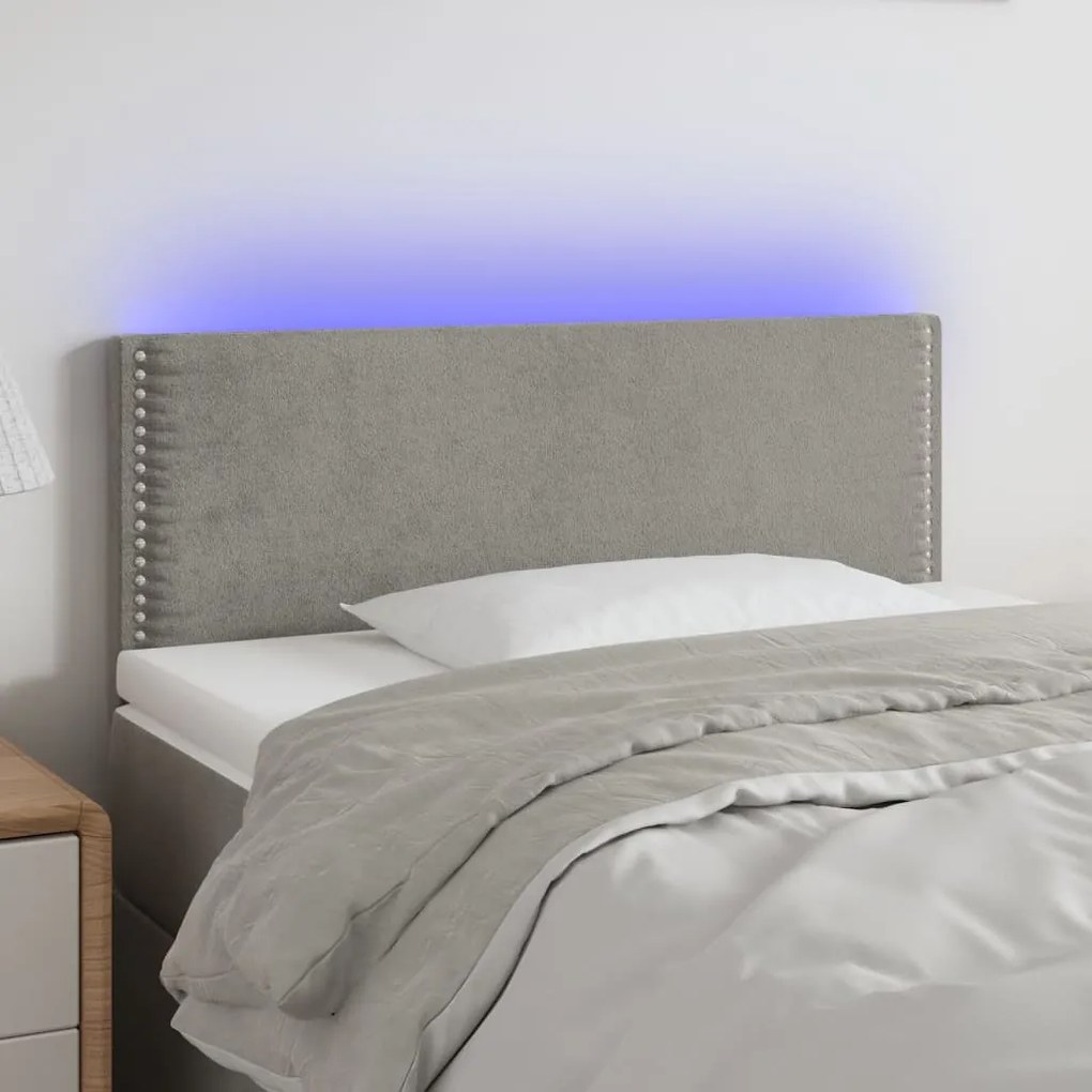 3121508 vidaXL Cabeceira de cama c/ luzes LED tecido 90x5x78/88 cm cinza-claro