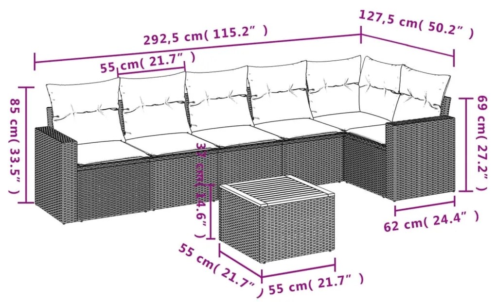 7 pcs conjunto de sofás p/ jardim com almofadões vime PE bege