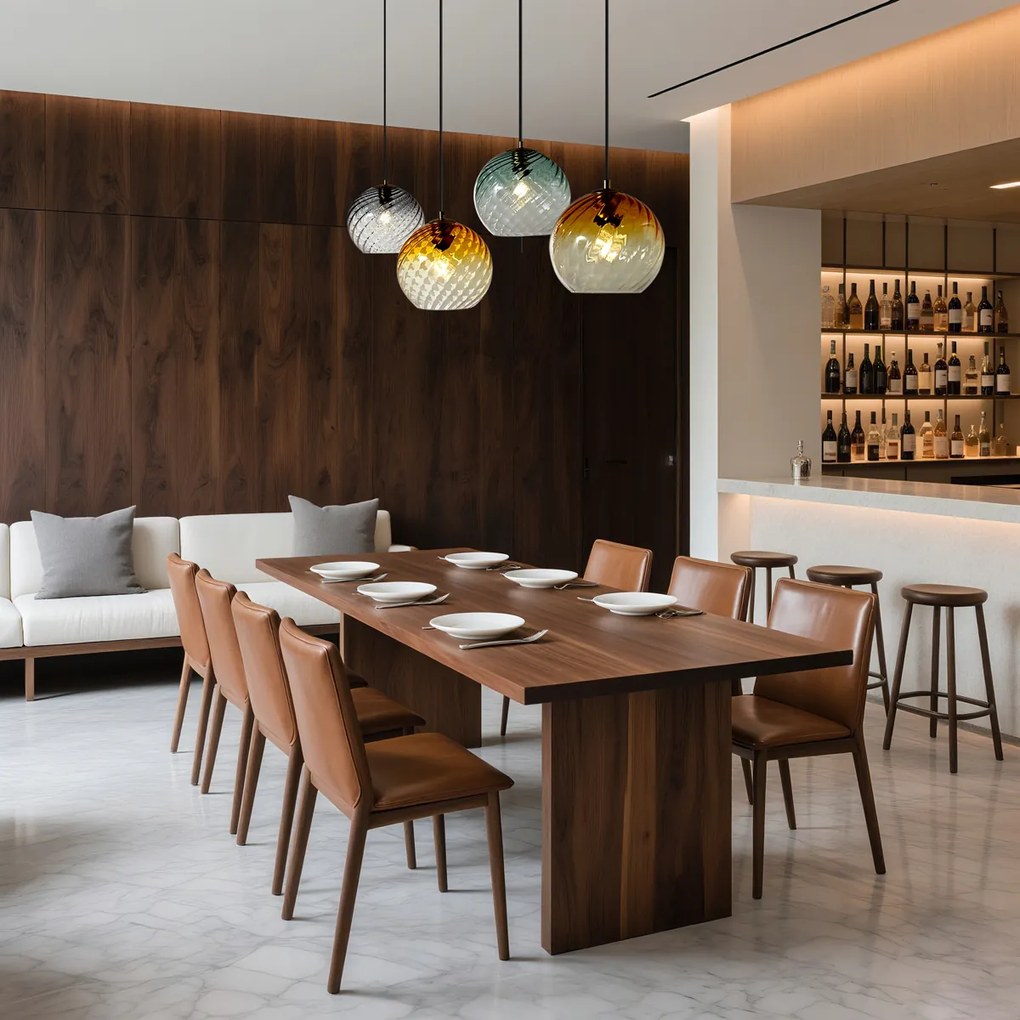 Candeeiro suspenso bronze com vidro fumado âmbar e verde retangular 4-luzes - Bao