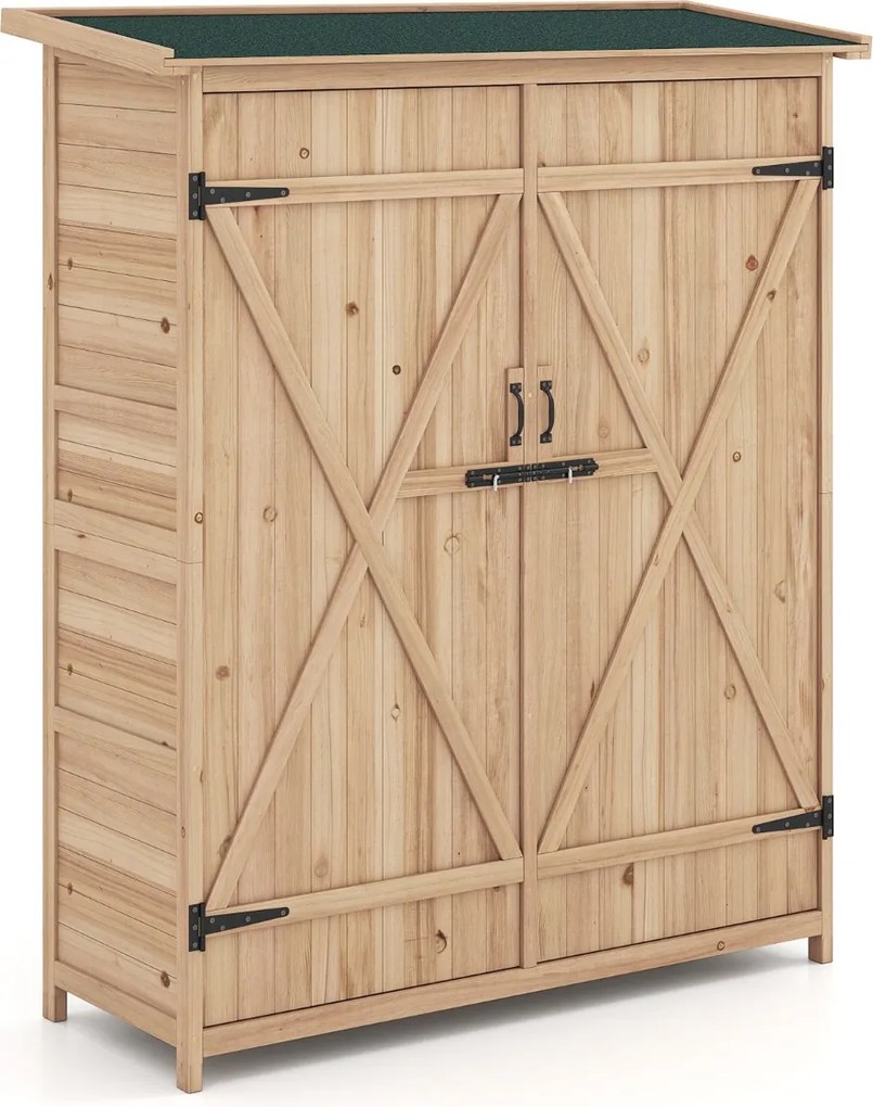 Abrigo de jardim com telhado inclinado Asfalto 140x51x163cm Madeira maciça Estantes removíveis Portas Fechadura Abrigo exterior Natural