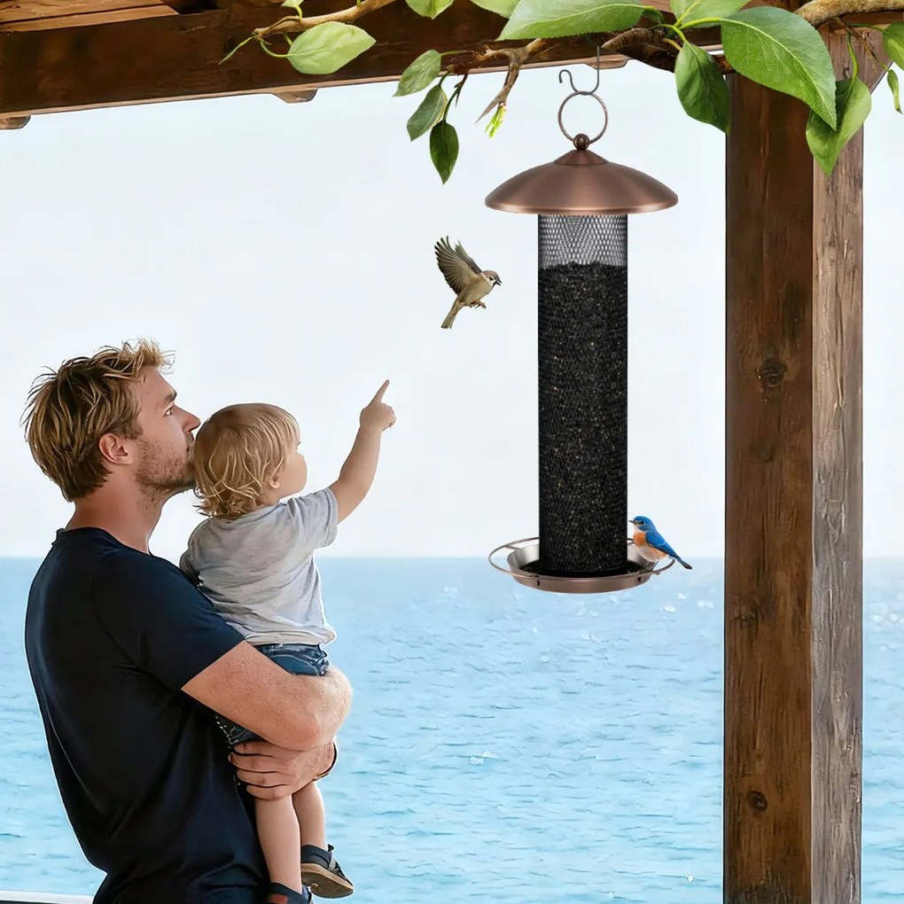 Comedouro para pássaros 16 x 40 cm em forma de tubo de malha metálica suspenso com tampa e bandeja de grande capacidade 16 kg para sementes