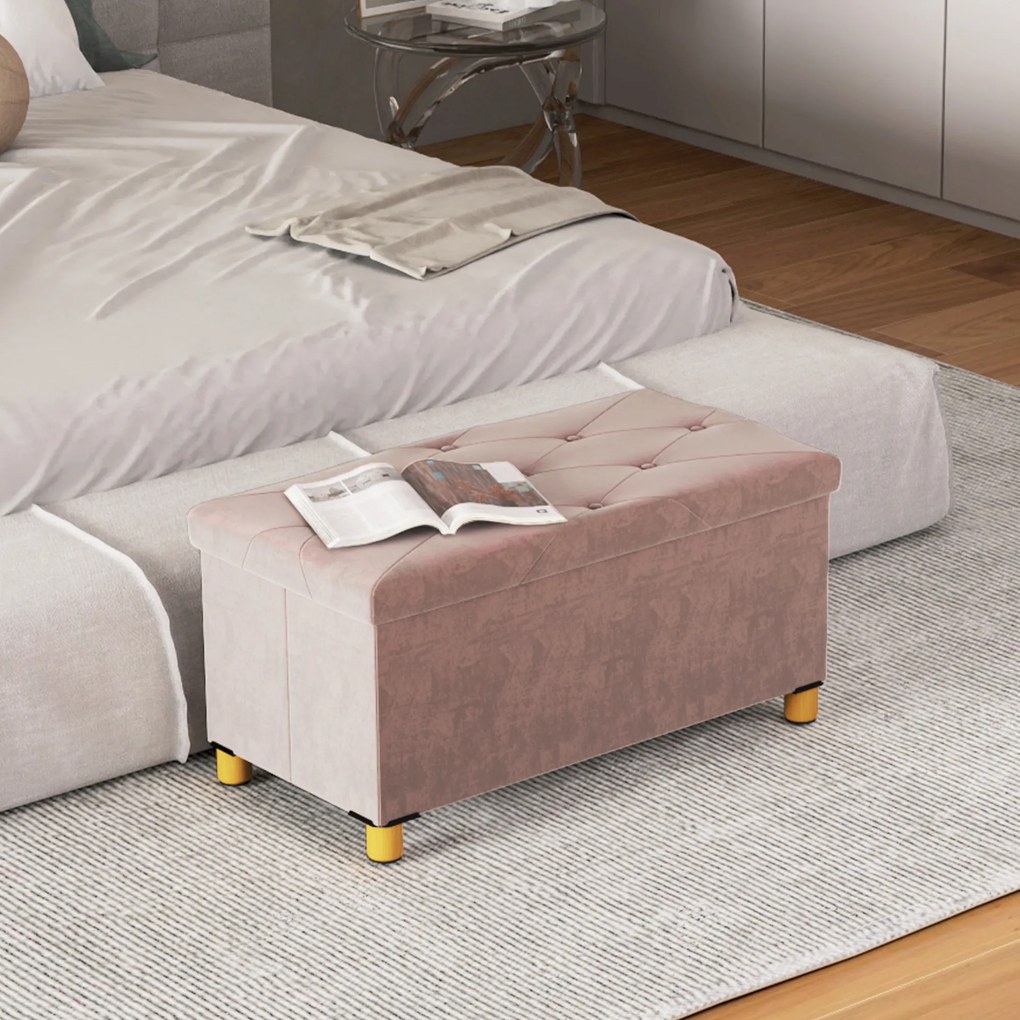 Banco de arrumação dobrável para colocar ao pé da cama 76 x 38 x 38 cm, com 67 L de capacidade e 120 kg de carga máxima, com tampa, cor-de-rosa