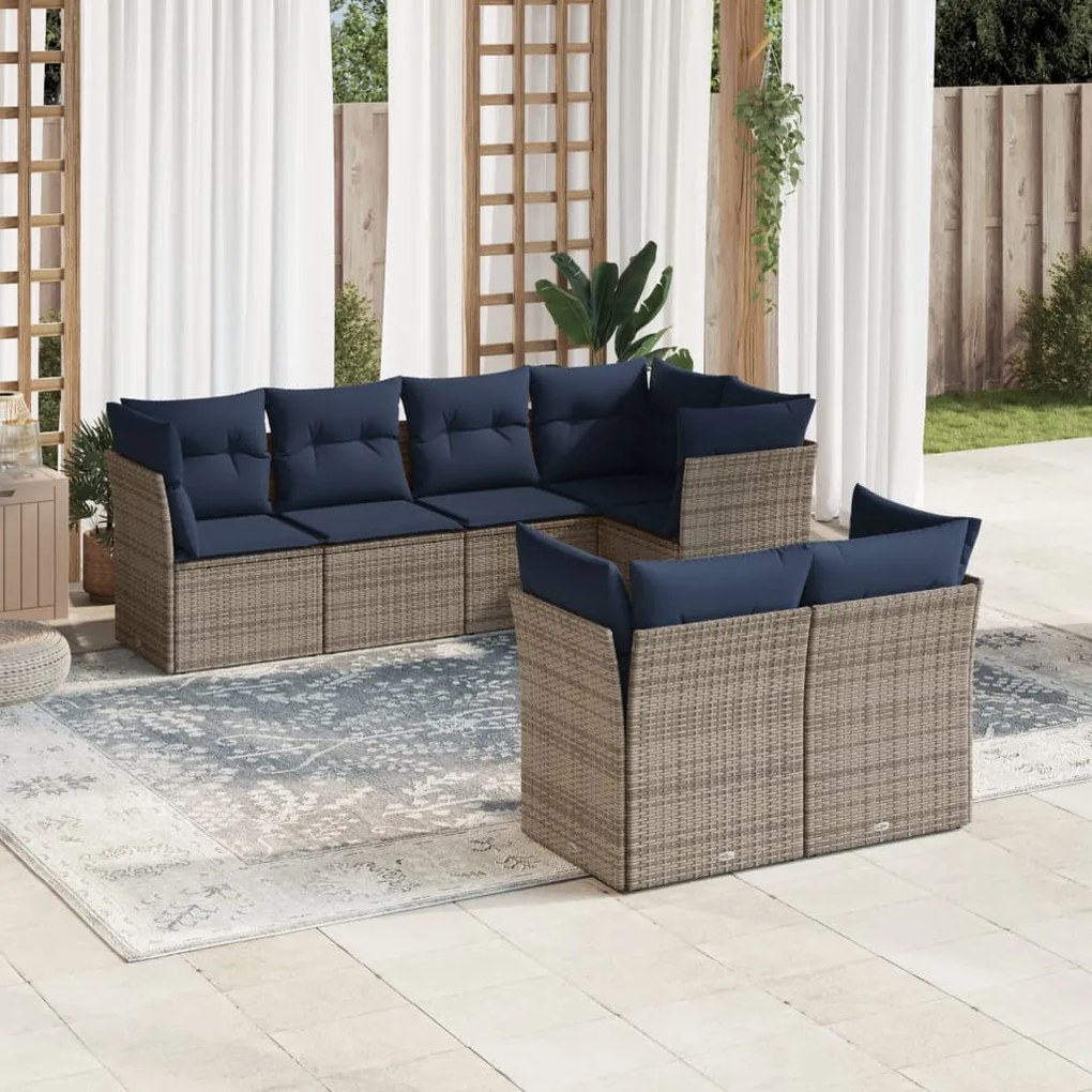 vidaXL 7 pcs conjunto sofás p/ jardim c/ almofadões vime PE cinzento