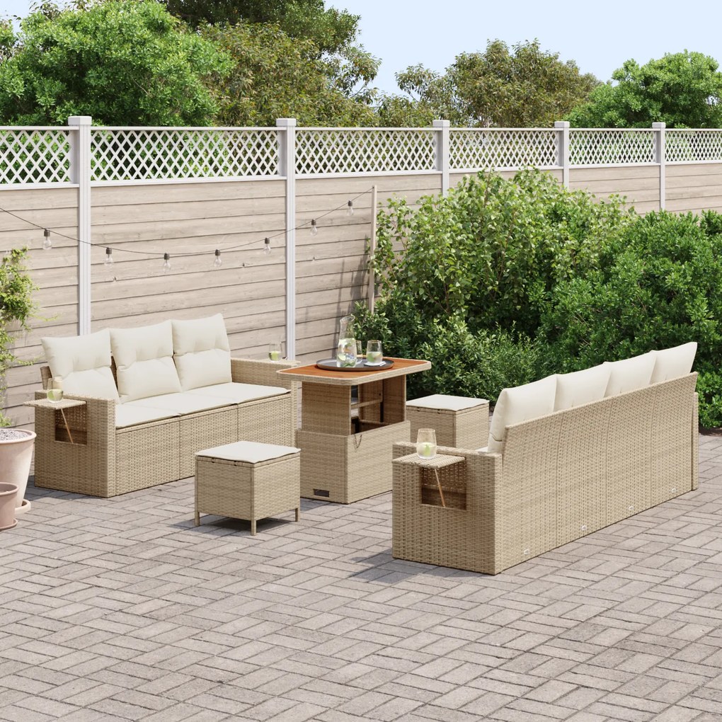 Conjunto de Sofá de Jardim de 10 Peças com Almofadas Bege Rattan Polip