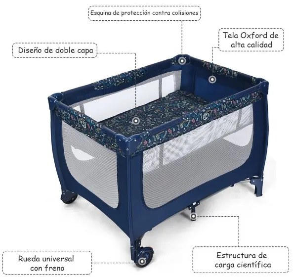 Berço dobrável e portátil para bebé com 2 rodas Centro de actividades 125 x 65 x 76 cm Azul