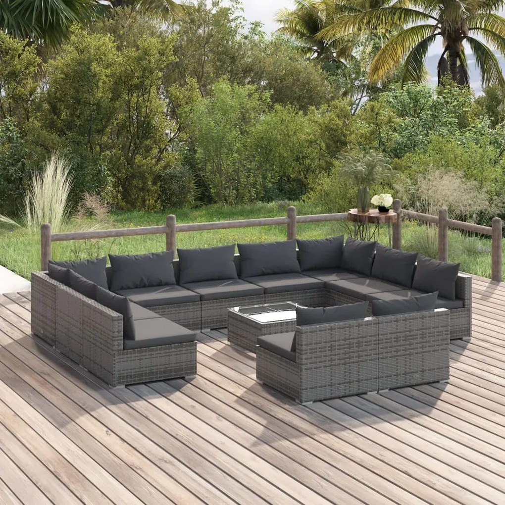 vidaXL 12 pcs conjunto lounge de jardim c/ almofadões vime PE cinzento