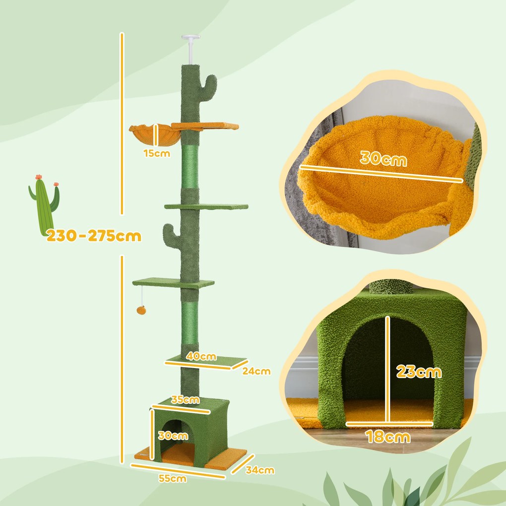 Arranhador para gatos, altura 275 cm, 6 níveis para gatos de interior, do chão ao teto, com plataformas, compartimentos abertos, casinha, rede, verde