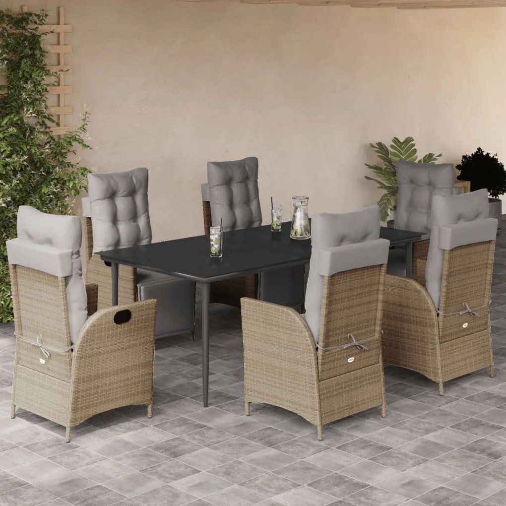 7 pcs conj. jantar jardim c/ almofadões vime PE bege misturado
