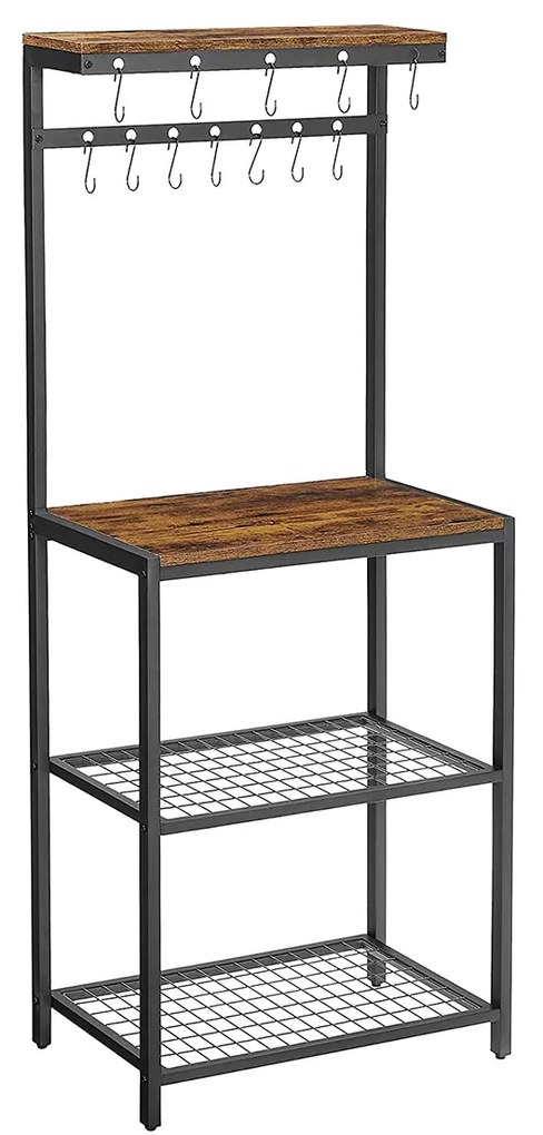 Unidade de armazenamento de cozinha VASAGLE, organizador de prateleiras e suporte para padeiro com prateleiras de armazenamento, 12 ganchos, prateleira para forno de micro-ondas industrial, 60 x 40 x 151,5 cm, marrom rústico e preto KKS021B01