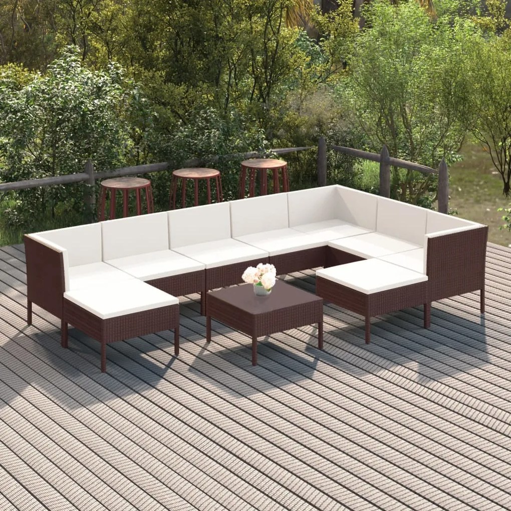 vidaXL 10 pcs conjunto lounge jardim c/ almofadões vime PE castanho