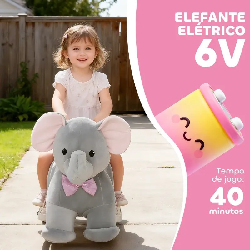 Elefante Elétrico com Música Bateria 6V 74x34x51 cm com Toque Suave Rodas Silenciosas de PU e Pedal Cinzento