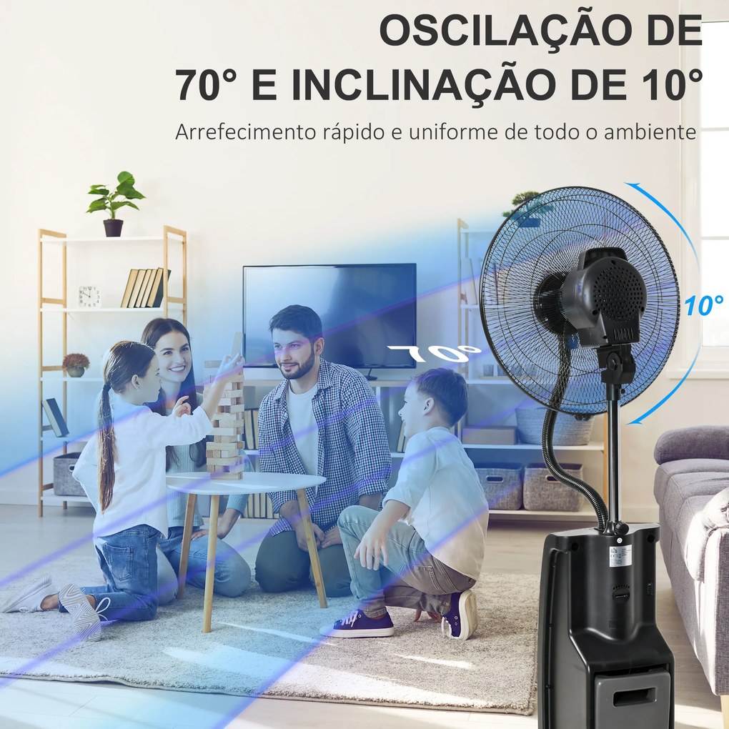 HOMCOM Ventoinha Nebulizadora 90W com Oscilação Controlo Remoto 5 Lâminas Depósito de Água 3,1L 3 Velocidades Temporizador e Rodas 44,5x44,5x135 cm Preto