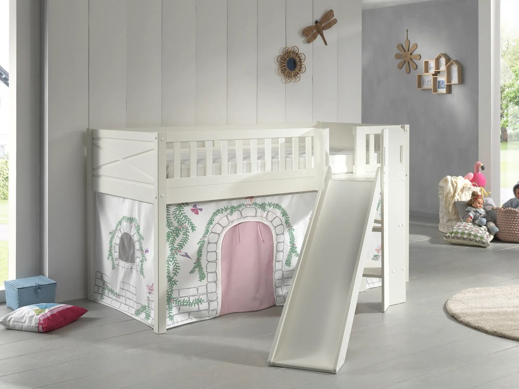 Conjunto cama Infantil SCOTT + escorrega + cortina de brincar BIRDY Branca
