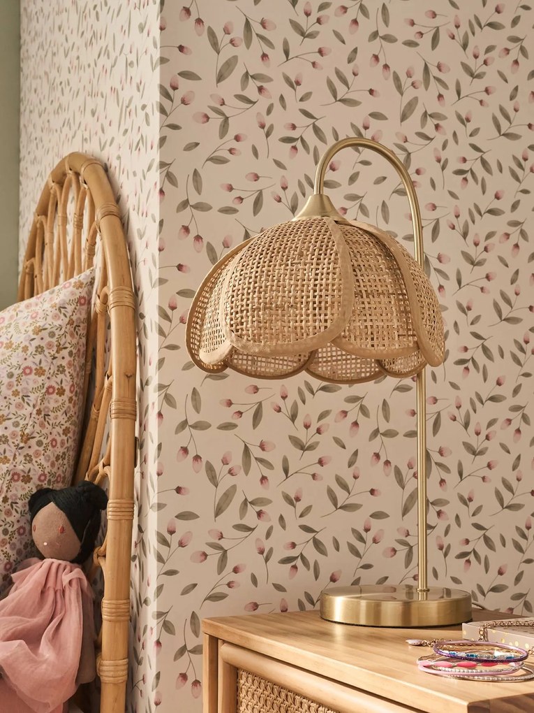 Candeeiro de mesa flor em rattan e pé em latão dourado