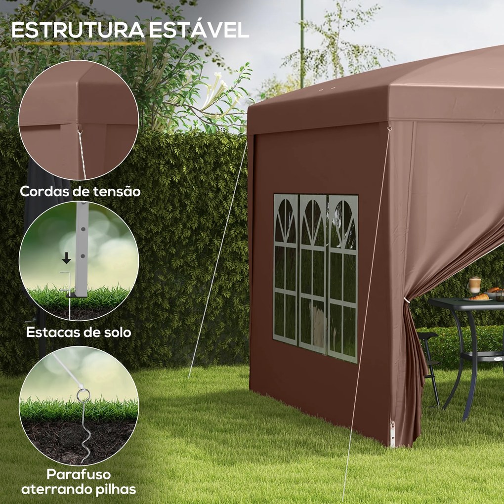 Tenda de Jardim com Paredes Laterais Amovíveis Janelas Porta com Fecho de Correr e Bolsa de Transporte 295x295x196-258 cm Café