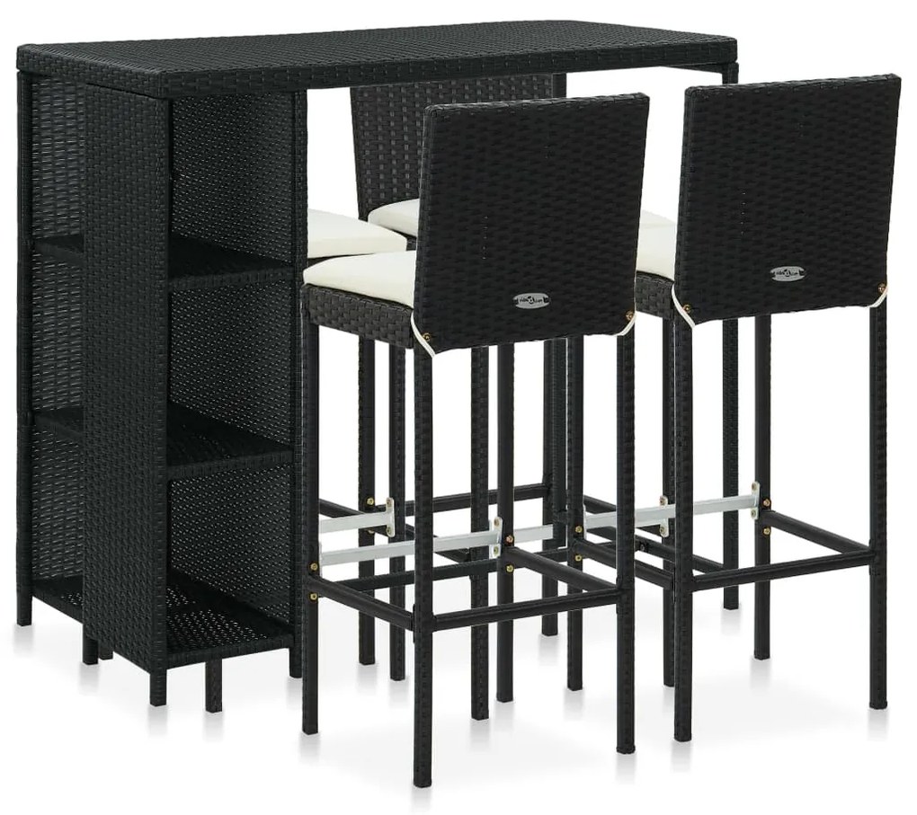 vidaXL 5 pcs conjunto de bar p/ jardim c/ almofadões vime PE preto