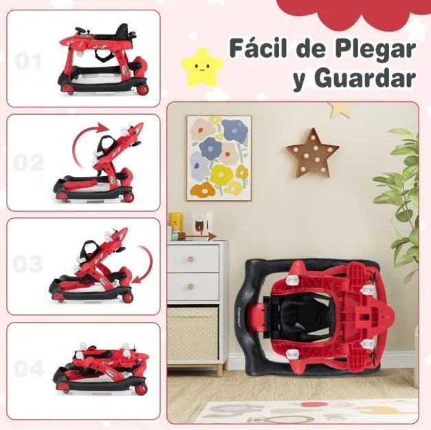 Andador 6 em 1 para bebés de 6 a 18 meses, dobrável, com tema de avião, altura ajustável, bandeja para refeições, centro de atividades conversível, ve