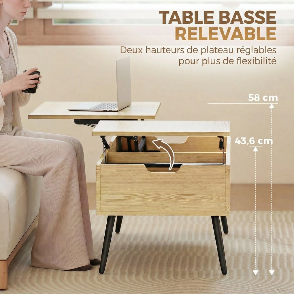 Mesa de centro elevável 100 x 50 x 43,6 cm com tampo duplo, mesa de sala com compartimento oculto e pés em metal e madeira natural
