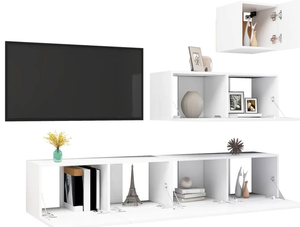 4 pcs conjunto de móveis de TV derivados de madeira branco