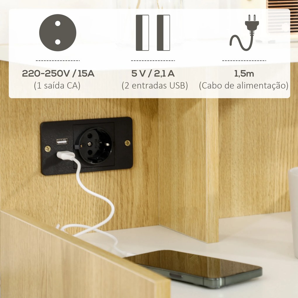 Mesa de Cabeceira Moderna Mesa de Cabeceira com Entrada USB Tomada Elétrica Gaveta e Prateleiras 40x40x60 cm Madeira