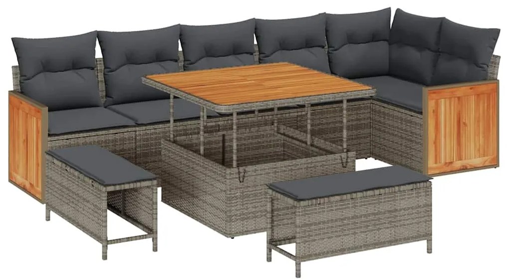 Conjunto de Sofá de Jardim vidaXL 9 Peças com Almofadas Cinza Rattan d