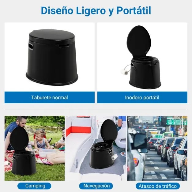 Sanita portátil 5 L para campimo 41 x 49 x 34 cm com tampa e cubo interno removível, WC portátil para viagens ao ar livre Preta
