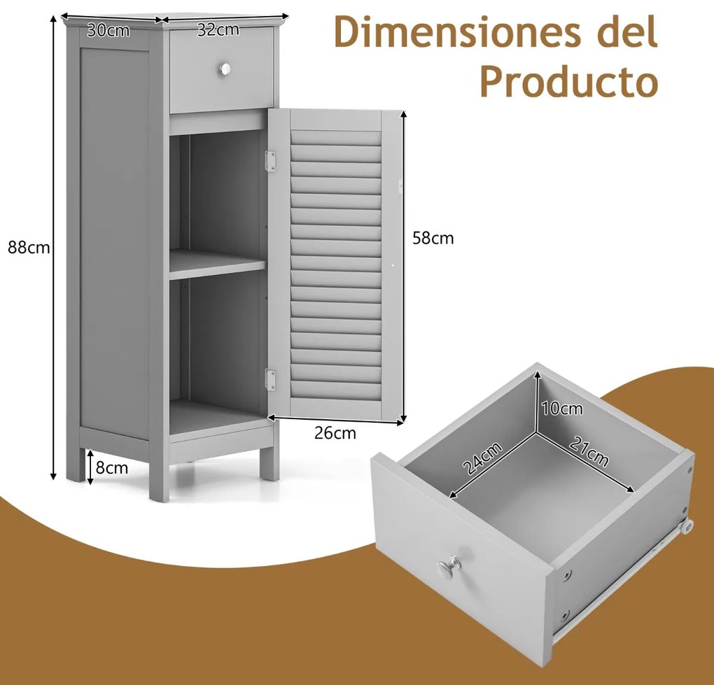 Armário de Casa de Banho com gaveta e organizador lateral com suporte veneziana com prateleira regulável 32 x 30 x 88 cm Cinzento