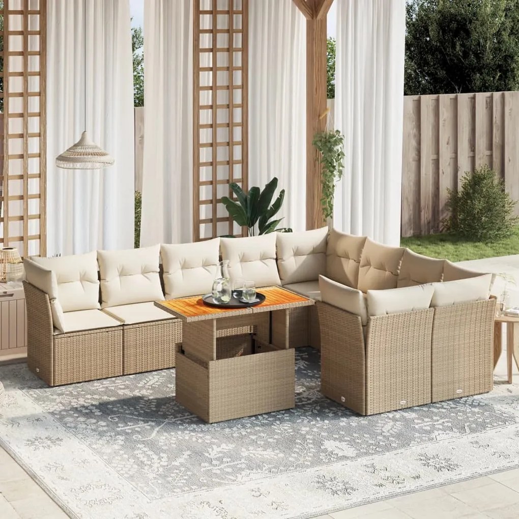 10 pcs conjunto de sofás p/ jardim com almofadões vime PE bege