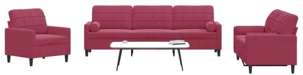 3pcs conjunto sofás c/ almofadões e rolos veludo vermelho tinto