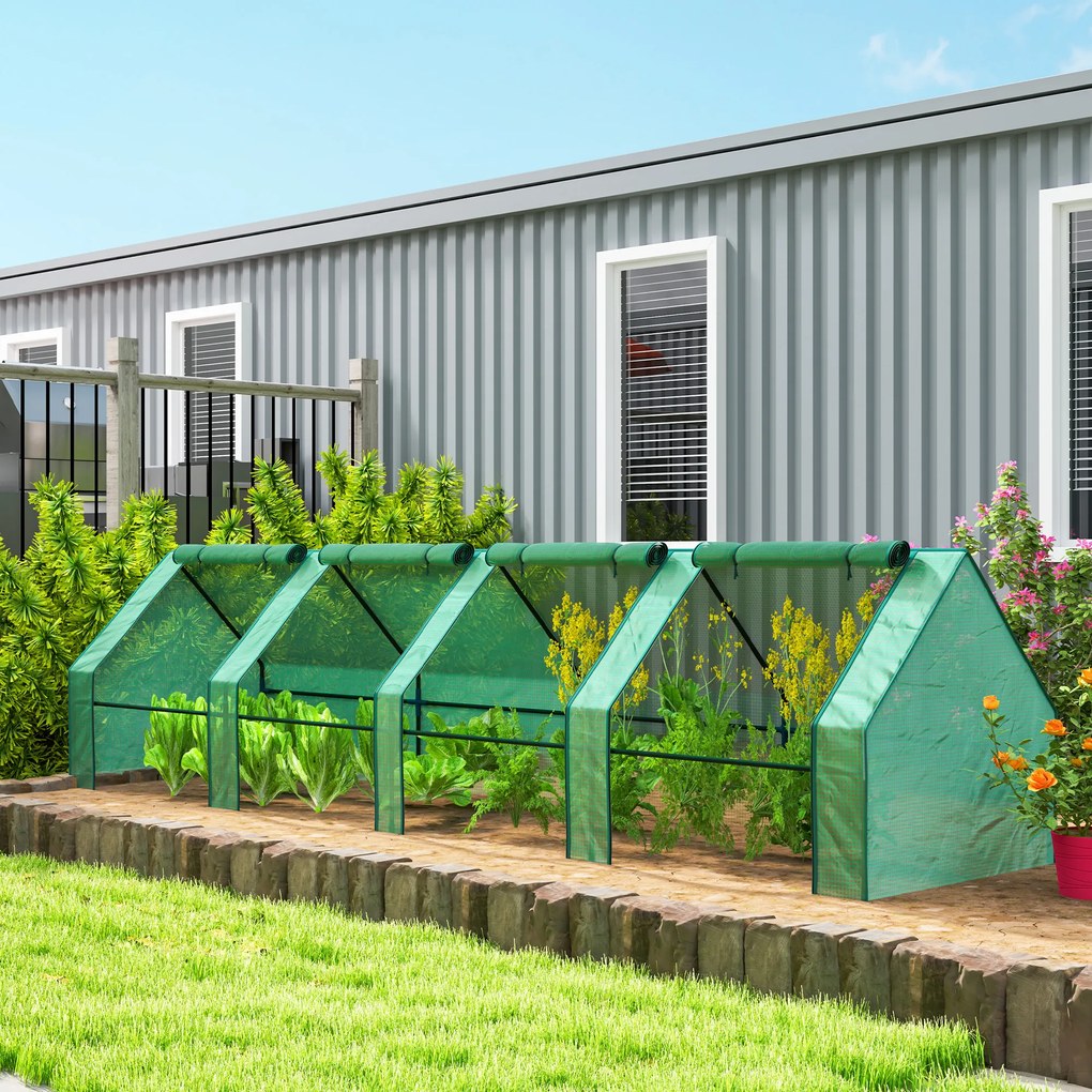 Mini-estufa de jardim 360 x 90 x 90 cm, mini-estufa em túnel com 4 janelas com fecho de correr, aço, PE 140 g/m², proteção anti-UV, verde